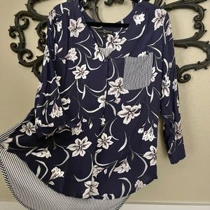 Fred David Navy Blue and White Floral Stripe Blouse